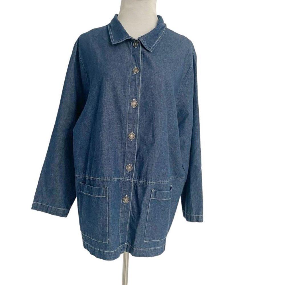 Hot Cotton Size 1X  Top Blouse Chambray Denim Button Down Collared
